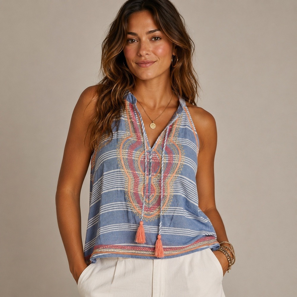 THML Anthropologie Blue Aztec Embroidered Halter Top Tassel Tie Boho Blouse XS